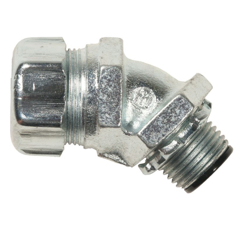 Thomas & Betts T&B® 5242 Non-insulated Liquidtight Conduit Connector, 1/2 In Trade, 45 Deg, Malleable Iron, Electro-Plated Zinc/Chromate Coated